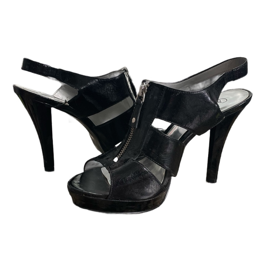 Carlos Decadent Patent Black Platform Open Toe Heels Size 9.5